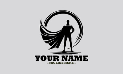 illustration of a heroic figure with a flowing cape and a distinctive emblem on their chest, standing dynamically. Superhero concept, superhero vector illustration and superhero logo design