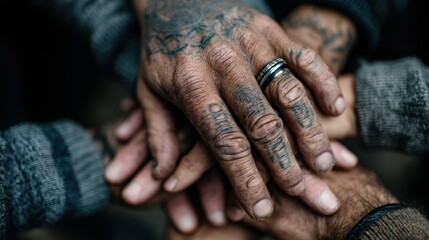 Fototapeta premium office team huddle showing hands stacked together varied skin tones rings tattoos inclusivity and teamwork symbol unity in business