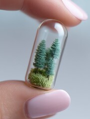 A small glass capsule containing a miniature forest held between two fingers