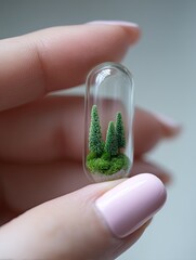 A small glass capsule containing a miniature forest scene with tiny trees and moss, held delicately by a hand with a pastel manicure
