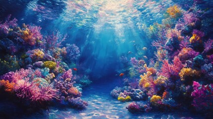 Naklejka premium A vibrant coral reef beneath crystal-clear water, teeming with colorful marine life.