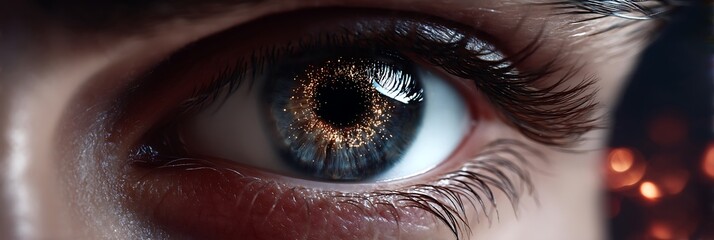 Blue light exposure and digital eye strain technology eye closeup with glowing screen reflection effects