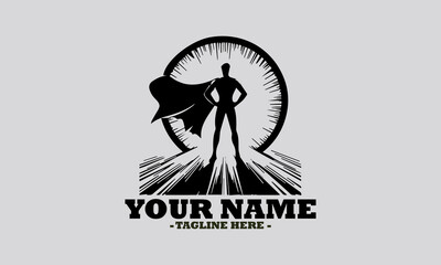 illustration of a heroic figure with a flowing cape and a distinctive emblem on their chest, standing dynamically. Superhero concept, superhero vector illustration and superhero logo design