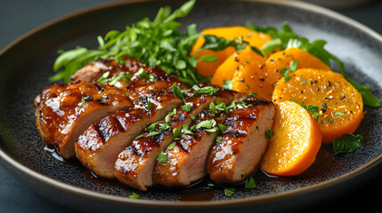 Duck &agrave; l'Orange served on dark grey textured plate with fresh garnish top view