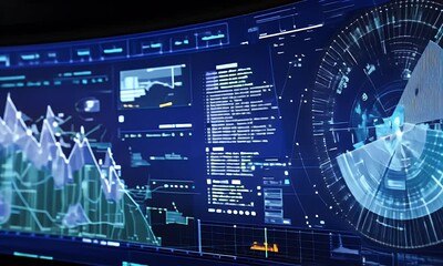 A digital world map with global data visualizations and graphs, illustrating the vast reach of cybersecurity's impact on international trade. The screen is designed to resemble an AI interface display - Powered by Adobe