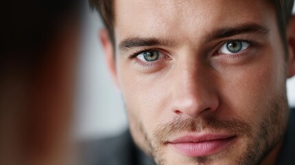 Obraz premium intense eye contact during interview close up faces modern white office trust and judgment emotional intensity