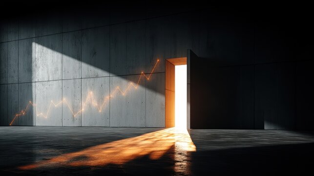 optimistic financial future metaphor with open door to sunlight beyond wall of financial graphs pathway of growth and hope