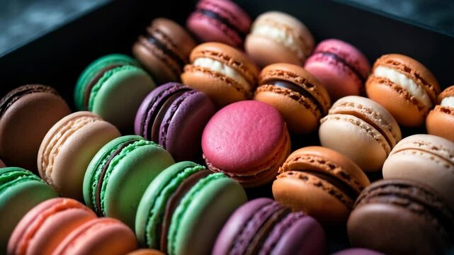 Classic French macarons of various colors neatly placed in rows within a box.