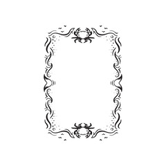 A border featuring crabs at the top and bottom and waves breaking and sea around the edge. Black and white illustration in doodle style.