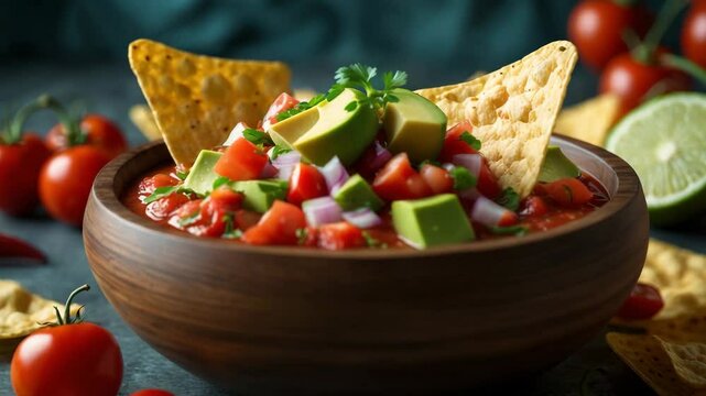 Classic salsa dip presented in a wooden bowl with corn nacho chips on a table with ingredients.