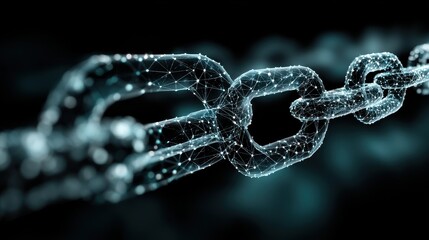 abstract representation of blockchain technology, interconnected digital blocks forming a chain over a glowing dark background
