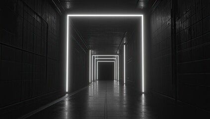 Dark corridor with bright neon rectangular frames lining the walls, creating a glowing pathway