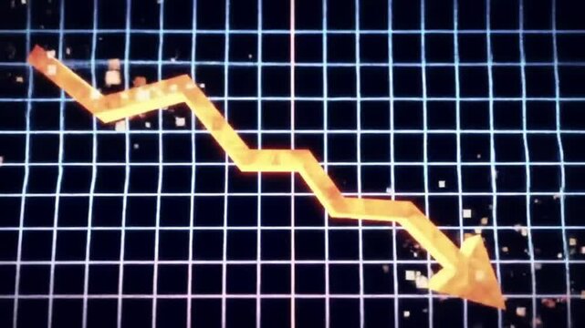 Golden Arrow Going Down on Grid &ndash; Seamless Animation Representing Loss, Decline, or Financial Decrease

