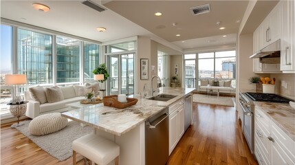 Fototapeta premium modern high rise apartment kitchen with island counter, stainless steel appliances, and spacious open plan design, illuminated with soft natural light