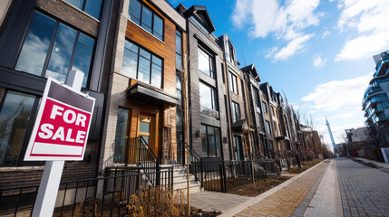 Obraz premium exterior view of a modern townhouse, “For Sale” sign in front, with a sunny day and clear blue skies, highlighting the property's architectural features