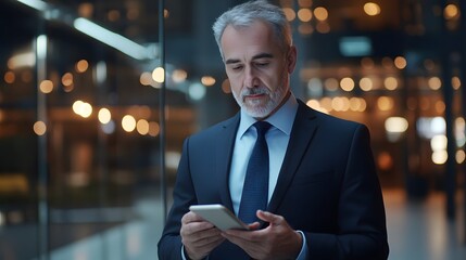 Modern Professional: A distinguished, mature businessman meticulously engages with his tablet, embodying confidence and corporate acumen amid a stylish, contemporary setting.