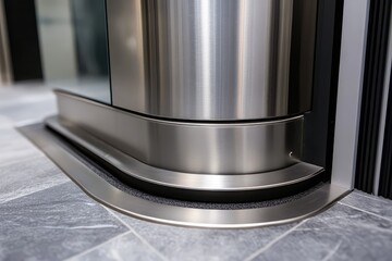 Close-up of curved, stainless steel base detail.  Modern design element with sleek lines and polished finish