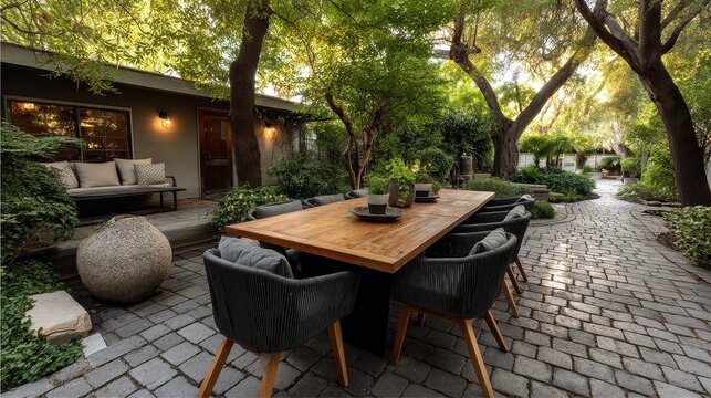 peaceful backyard patio with a dining table, plants, and outdoor decor, perfect for showcasing a home's outdoor living space in a property listing