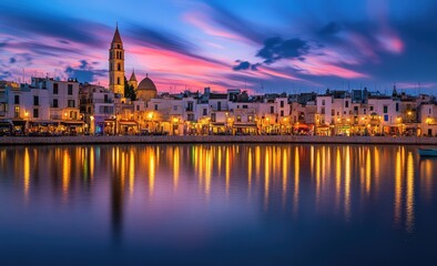 Obraz premium Coastal town at sunset, lights reflected on calm water