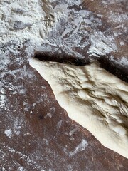 A hand-shaped piece of dough lies on a floured wooden surface, its wrinkled texture showing signs of preparation for traditional breadmaking.