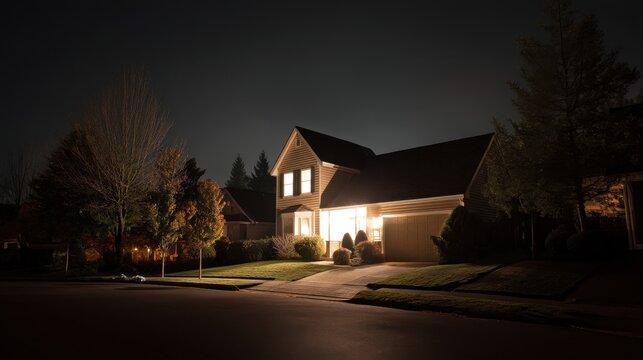 A stunning image of brightly Lit House in Darkened Neighborhood During Power Outage.