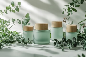 Elegant, light-green, glass cosmetic containers, surrounded by greenery