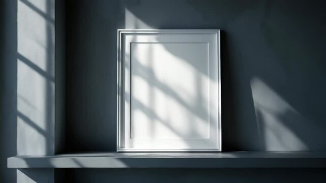 A white horizontal video frame displayed on a shelf in the living room, exemplifying minimalism in decor, mock-up.