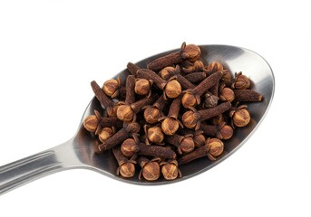 Obraz premium Stainless steel spoon filled with dried cloves showing woody texture and bulbous tops on white background