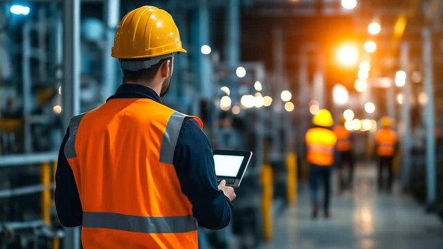 A production plant with employees dressed in orange vests and yellow hard hats, inspecting sound control barriers while monitoring decibel levels.
