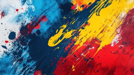 A dynamic abstract background with bold splashes of red, blue, and yellow paint, creating a sense of energy and movement
