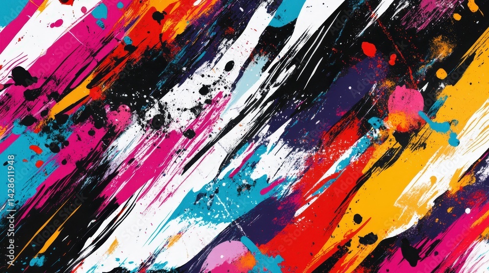 Poster a dynamic abstract pattern with bold brush strokes and splashes of vibrant colors, creating an energ