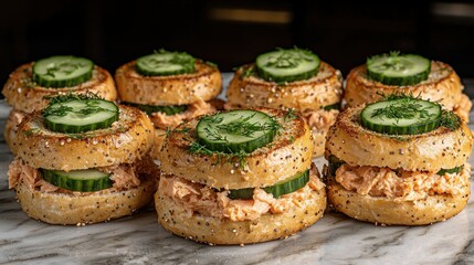 Bagel sandwiches topped with cucumber and dill sprigs