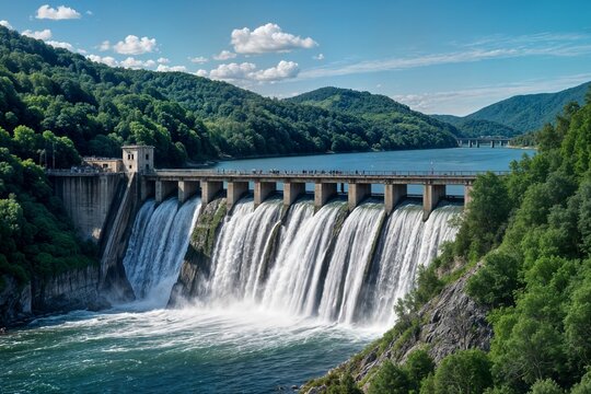 majestic hydroelectric dam generating power amidst lush green mountains and clear blue sky majestuosa presa hidroel&eacute;ctrica genera energ&iacute;a medio exuberantes monta&ntilde;as verdes cielo azul despejado baraj