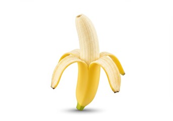 Ripe banana with peel partially pulled down revealing creamy flesh on white background
