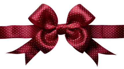 Polka dot red silk bow, festive party gift decoration, shiny holiday ribbon, elegant fabric texture background