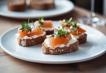 Sad, some outcomes, smooth creamy mousse on bruschetta with salmon slices and cream cheese, white plate, food