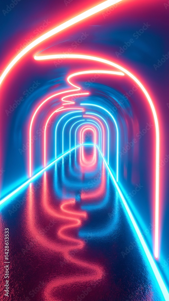 Poster Abstract Neon Light Tunnel with Reflections and Smooth Wavy Forms