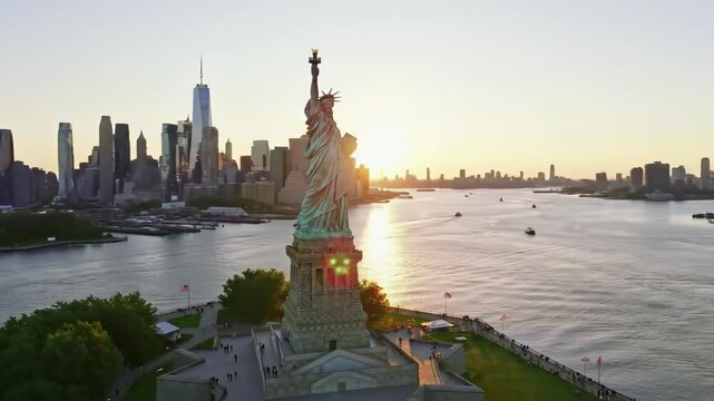Sunrise over the newyork with liberty statue