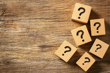 Wooden Blocks Question Marks on Rustic Wood Background
