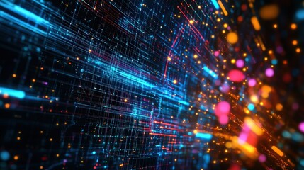 Fototapeta premium A dynamic representation of big data flow, with neon-colored lines moving through a cyber grid.