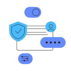Modern flat vector illustration of cybersecurity and user data management. Includes shield, user interface, chat bubble, toggles, and profile icons. Represents secure access, privacy protection, and d