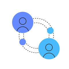 Vector illustration of user interaction and data transfer. Shows two users connected by dotted lines, symbolizing communication, collaboration, and digital networking.
