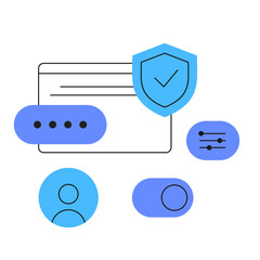 Modern flat vector illustration of cybersecurity and user data management. Includes shield, user interface, chat bubble, toggles, and profile icons. Represents secure access, privacy protection, and d