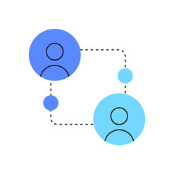 Vector illustration of user interaction and data transfer. Shows two users connected by dotted lines, symbolizing communication, collaboration, and digital networking.