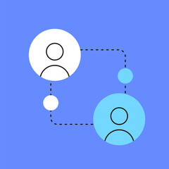 Vector illustration of user interaction and data transfer. Shows two users connected by dotted lines, symbolizing communication, collaboration, and digital networking.