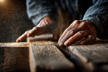 Crafting Precision: A skilled artisan, his hands etched with the marks of experience, meticulously planes a wooden plank, the air filled with the gentle dance of sawdust.
