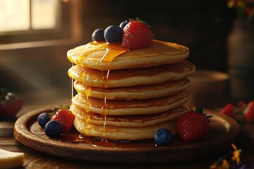 Stacked pancakes drizzled with honey, topped with fresh berries (2)
