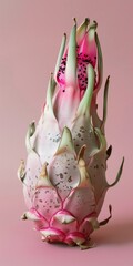 A vibrant pink dragon fruit stands upright on a matching pink backdrop, revealing its white, seed-speckled flesh and green-tipped scales in crisp studio lighting.