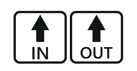  Yellow and black in and round warning direction info sticker badge icon with an arrow and text.vector icon