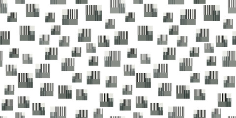 Abstract geometry seamless pattern. Randomly placed square elements on a white background. Rectangles and lines in shades of grey and green. Complicated texture background. Mosaic tile decor.